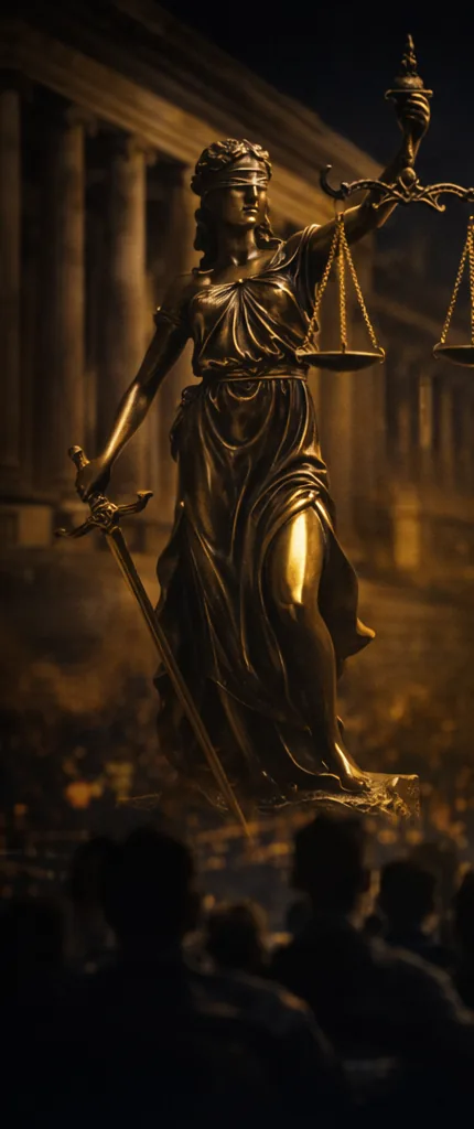 Estatua de la justicia con una balanza, en tonos dorados sobre fondo oscuro